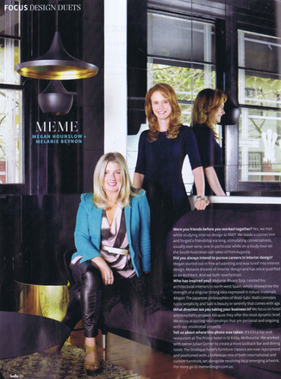 Melanie & Megan featured in Belle Design Duets Oct/Nov 2012